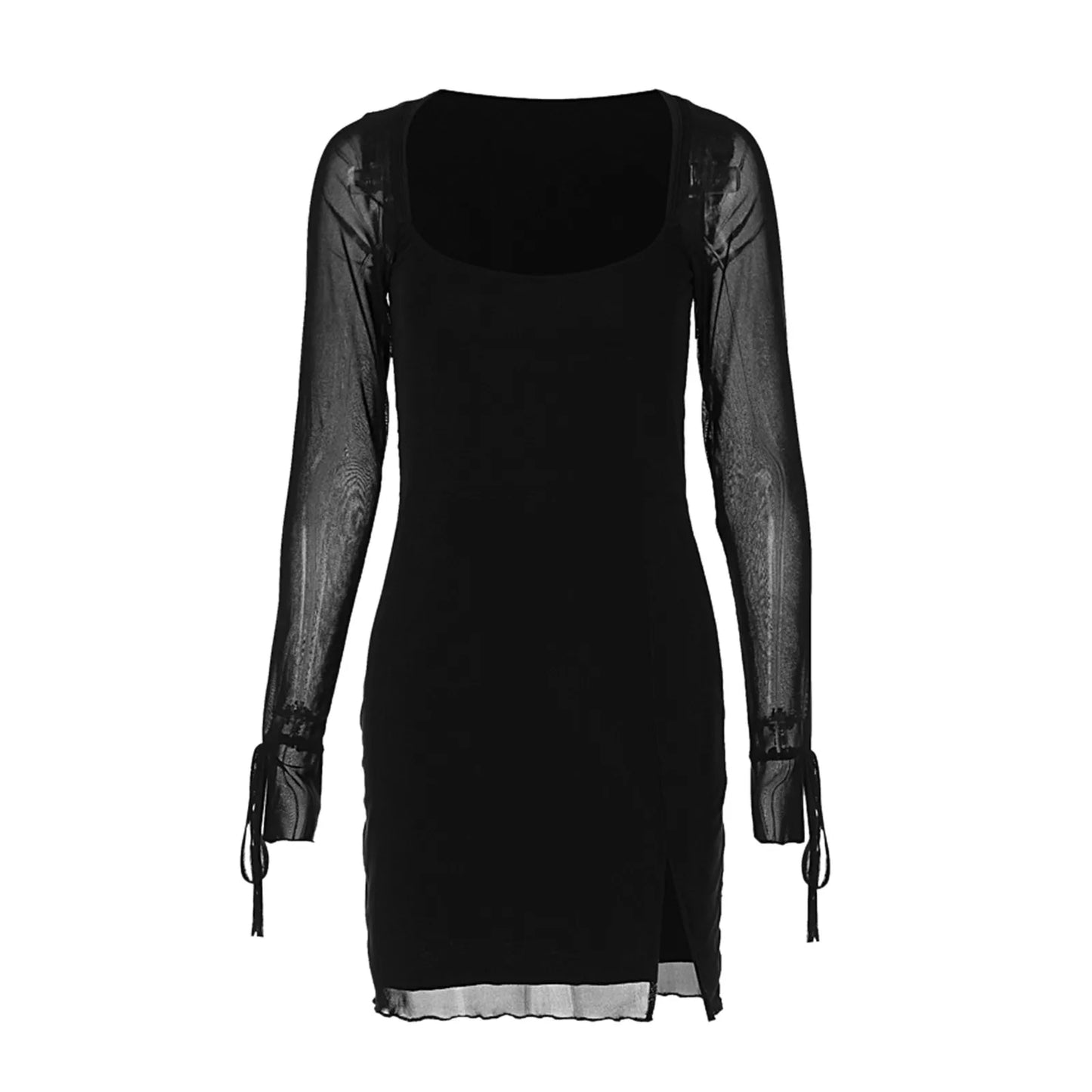 See Through Mesh Square Collar Solid Color  Club Slit Mini Dress