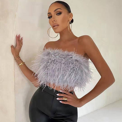 DressBetty - Faux Ostrich Feather Soft Fur Tank Short Vest Colorful  Backless Nightclub Tube Top