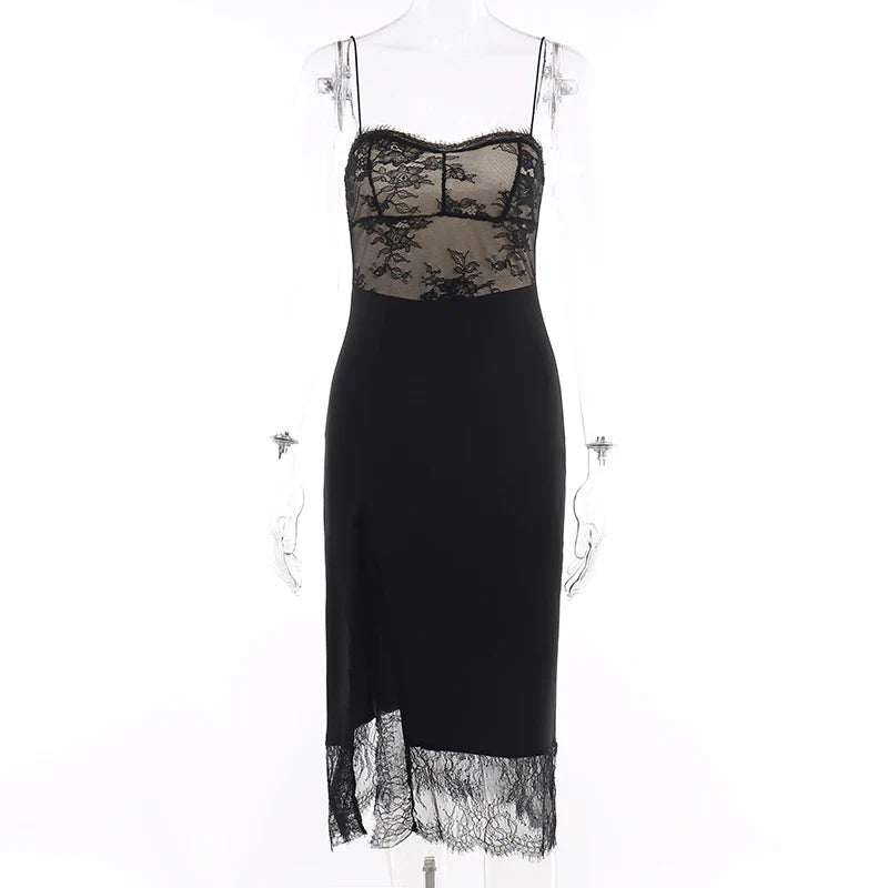 DressBetty - 2024  Black Spaghetti Strap Backless Split Lace Dress
