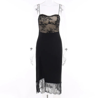 DressBetty - 2024  Black Spaghetti Strap Backless Split Lace Dress