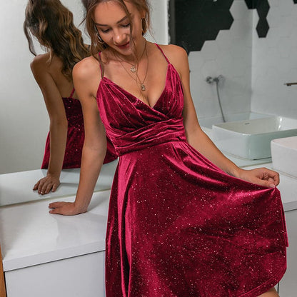 DressBetty -  Deep V-Neck Velvet Prom Dresses