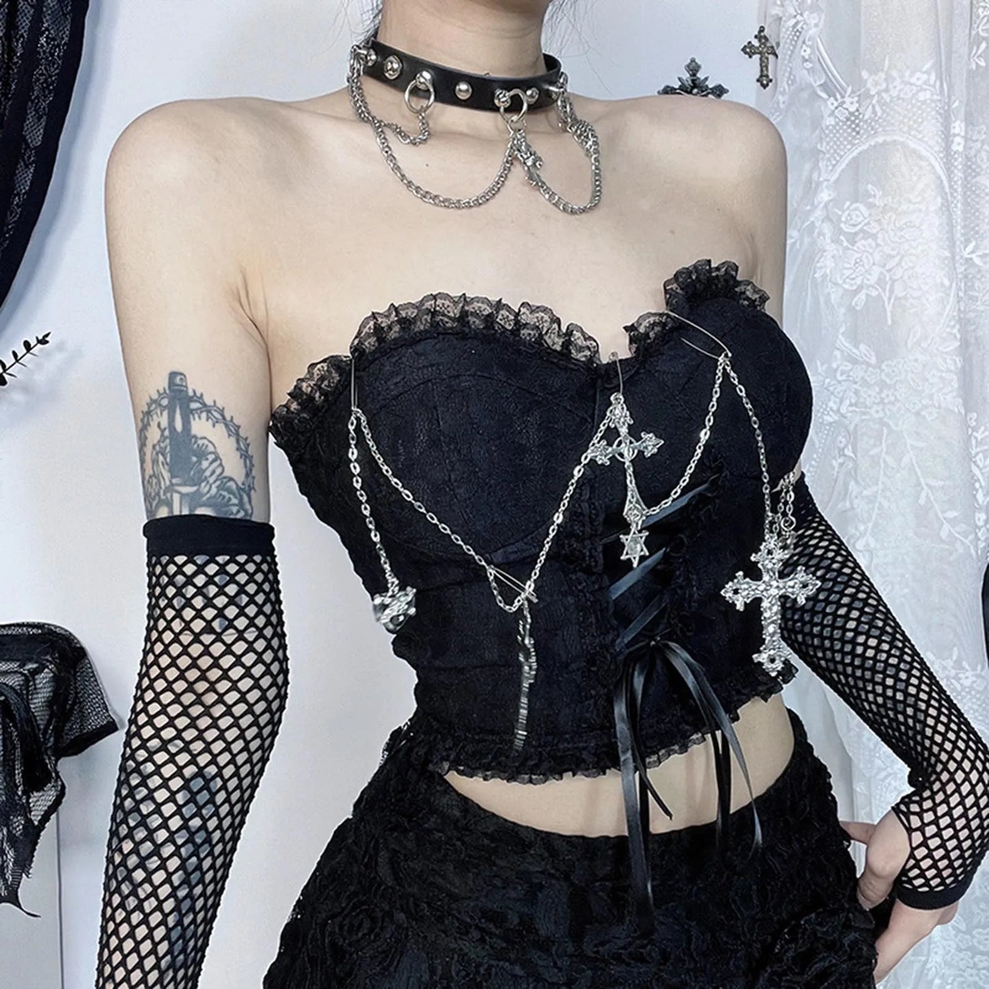 Dark Style Gothic Chain Tube Top  Wrapped Chest Crop Top