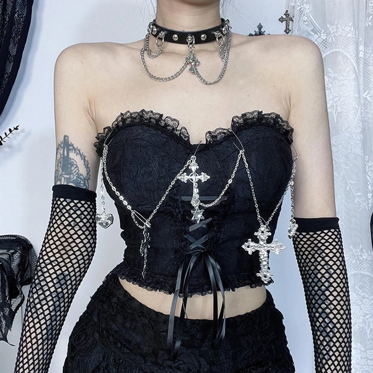 Dark Style Gothic Chain Tube Top  Wrapped Chest Crop Top