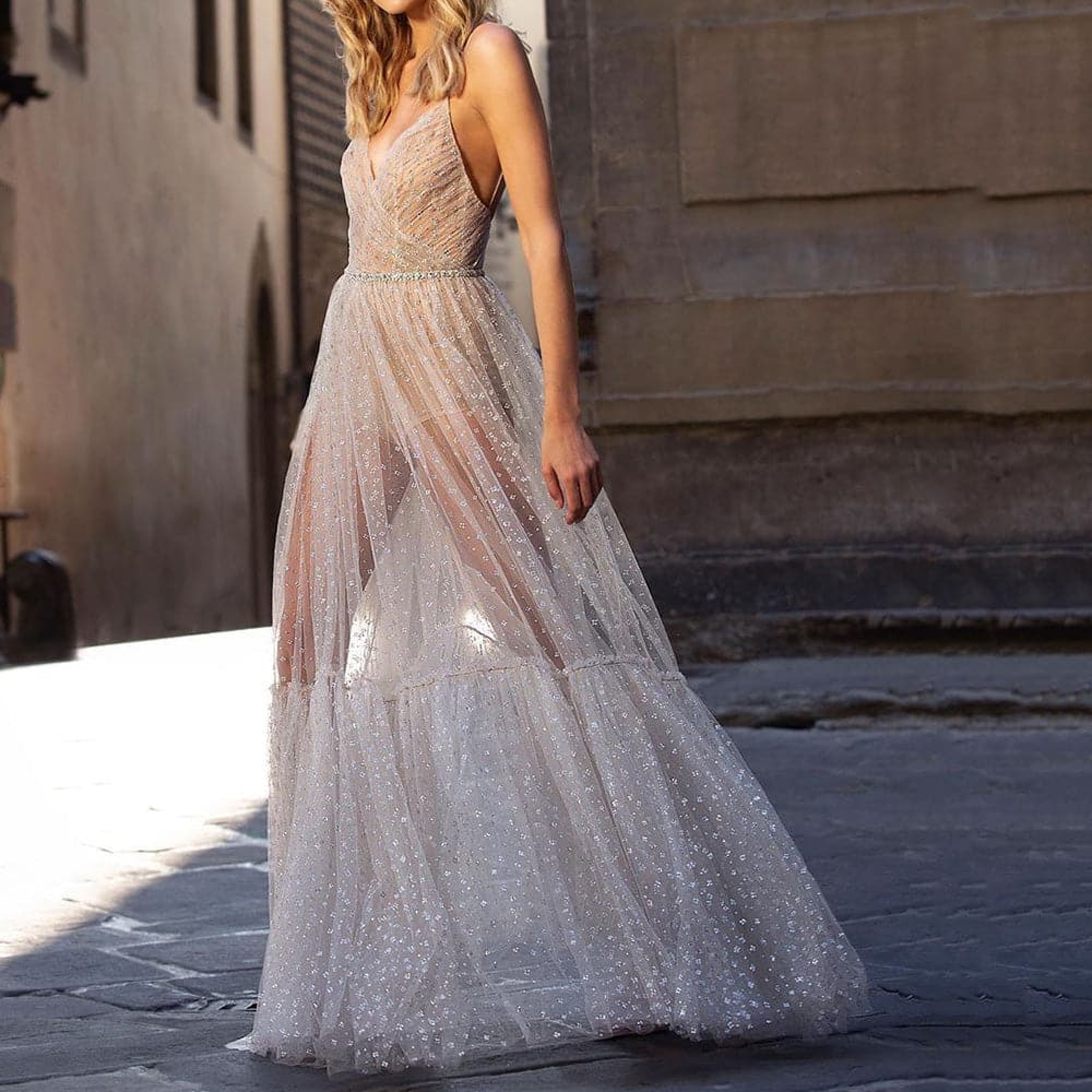 DressBetty -  Mesh Illusion Print Long Dress