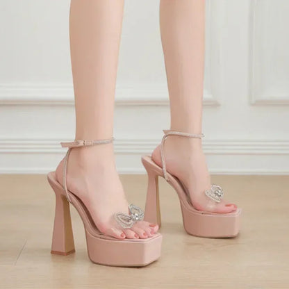 Peep Toe Platform Square Head Rhinestone Butterfly-knot 16CM High Heel High Heel