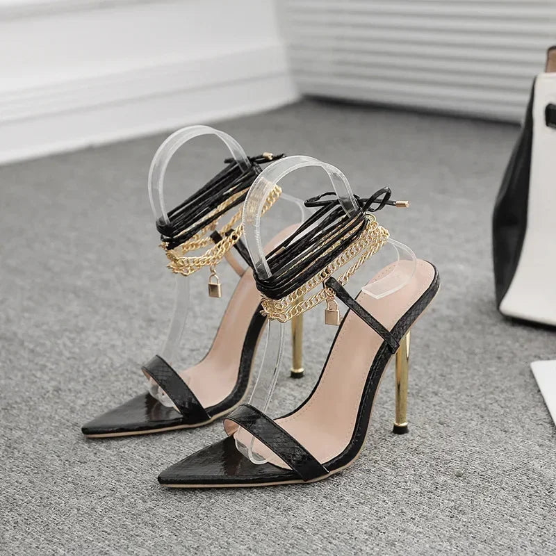 Trendy  Peep Toe Pointed Head High Heel Chain Ankle Straps Summer High Heel