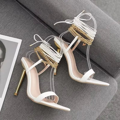 Trendy  Peep Toe Pointed Head High Heel Chain Ankle Straps Summer High Heel
