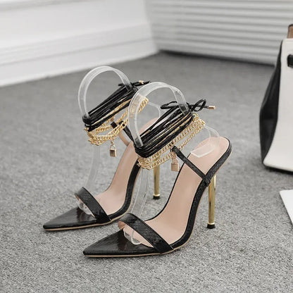 Trendy  Peep Toe Pointed Head High Heel Chain Ankle Straps Summer High Heel