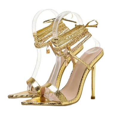 Trendy  Peep Toe Pointed Head High Heel Chain Ankle Straps Summer High Heel