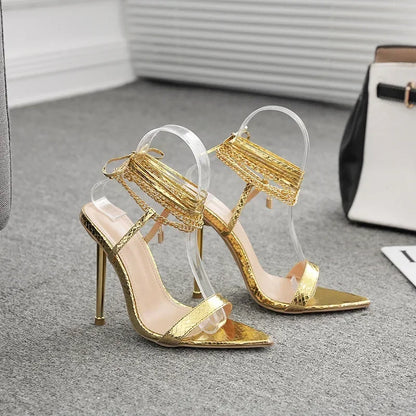 Trendy  Peep Toe Pointed Head High Heel Chain Ankle Straps Summer High Heel