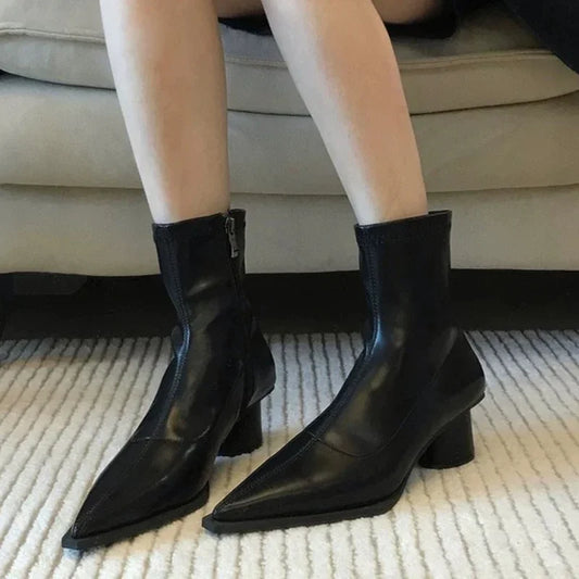 Pointed Toe Black Matte Simple Versatile Modern Ankle Boot