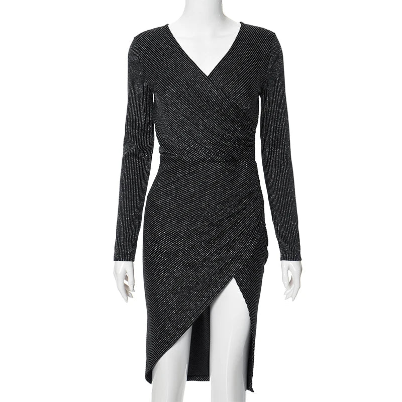 DressBetty - 2024  Sparkle Slash Neck Wrapped Ruched Midi Dress