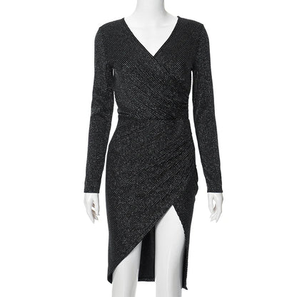 DressBetty - 2024  Sparkle Slash Neck Wrapped Ruched Midi Dress