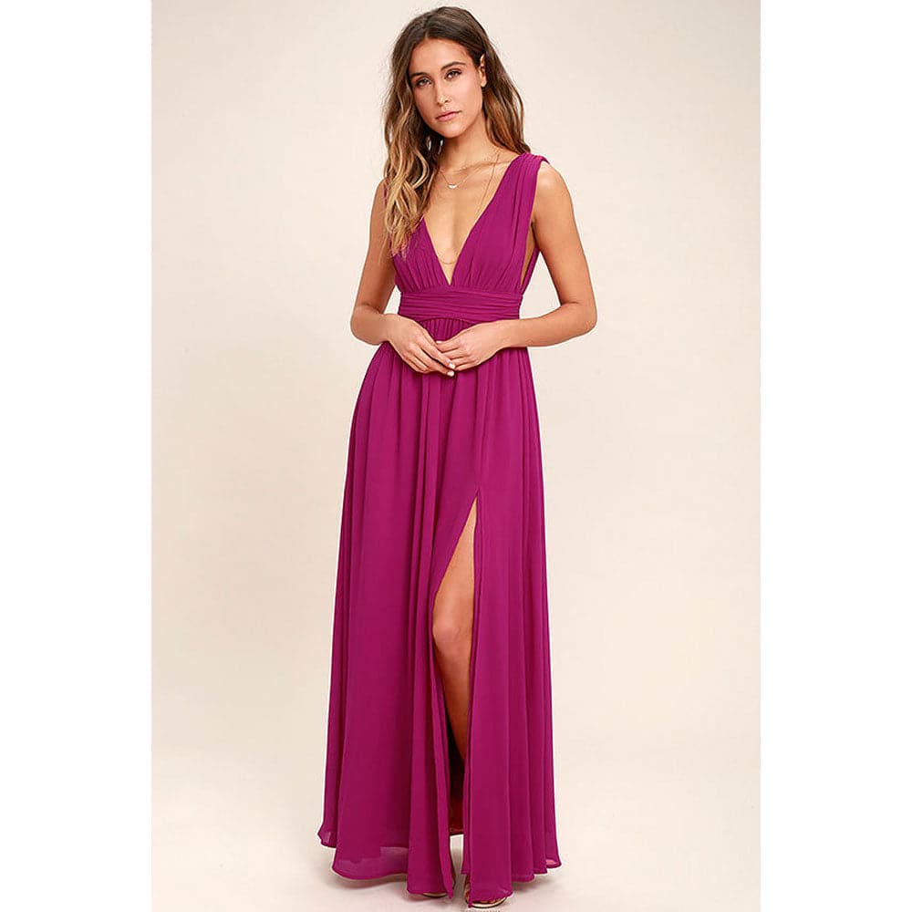 DressBetty -  Solid Women Fall Sleeveless Deep V-Neck Dresses