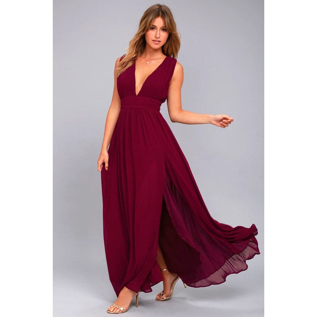 DressBetty -  Solid Women Fall Sleeveless Deep V-Neck Dresses