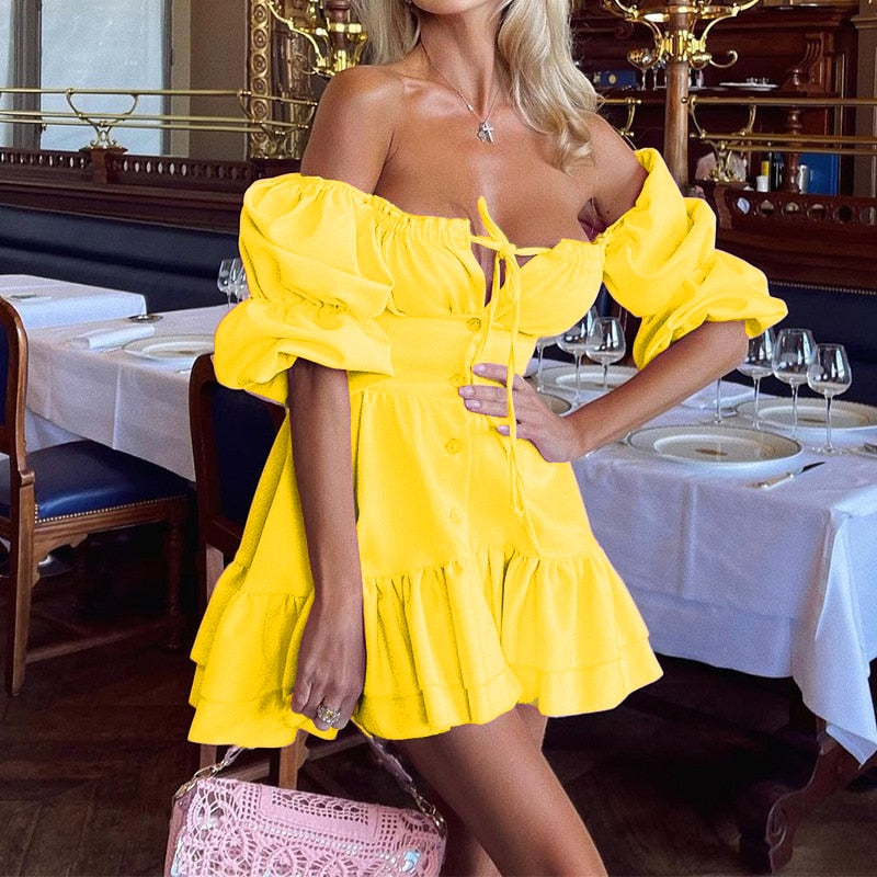 DressBetty -  Tube Top Backless Puff Sleeves Nightclub Mini Dress