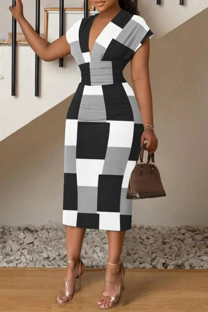 DressBetty - 2024  V Neck Sleeveless Wrap Dress Elegant Plaid Midi Dress