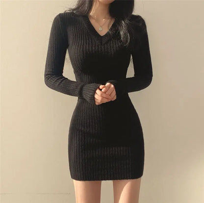 DressBetty - 2024  V-neck Long-sleeved Knitted Bodycon Dress