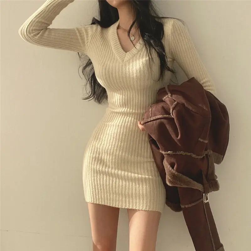 DressBetty - 2024  V-neck Long-sleeved Knitted Bodycon Dress