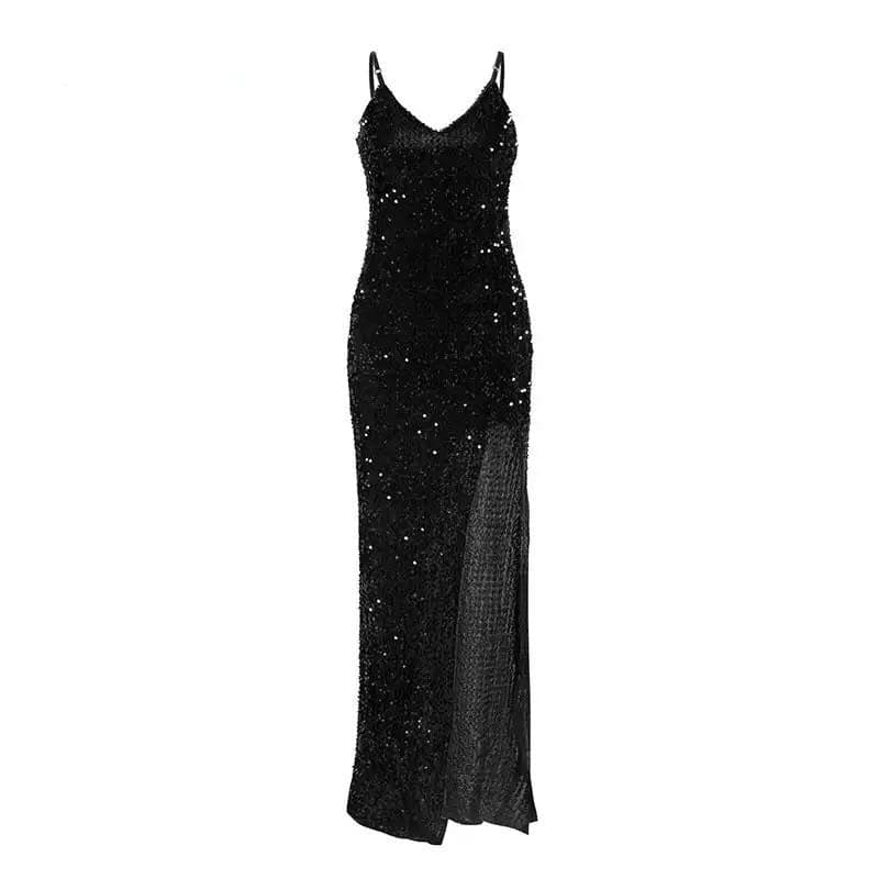 DressBetty -  V-neck Sequined Long Dress