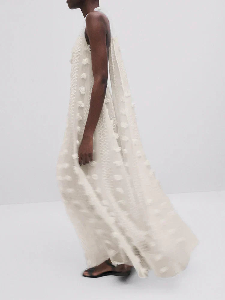 Vestido bohemio halter floral con retales de malla