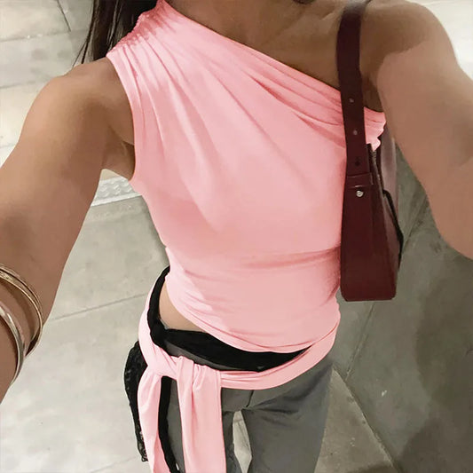 One Shoulder Lace Up Bodycon Crop Top