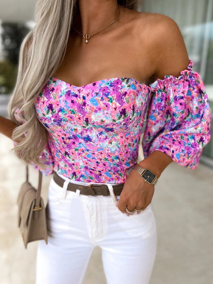 DressBetty - Women  Top Summer Off Shoulder Floral Blouses Holiday Slash Neck Tops