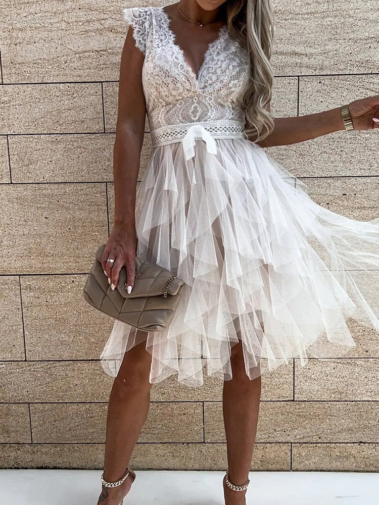 DressBetty - Lace Patchwork Asymmetrical White Dress Femme  Sleeveless Slim Fit Party