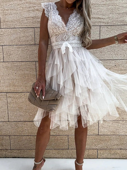 DressBetty - Lace Patchwork Asymmetrical White Dress Femme  Sleeveless Slim Fit Party