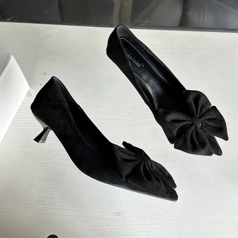 Autumn Elegant Butterfly Knot Stylish Pointed Toe  Stiletto Low Heel Pumps