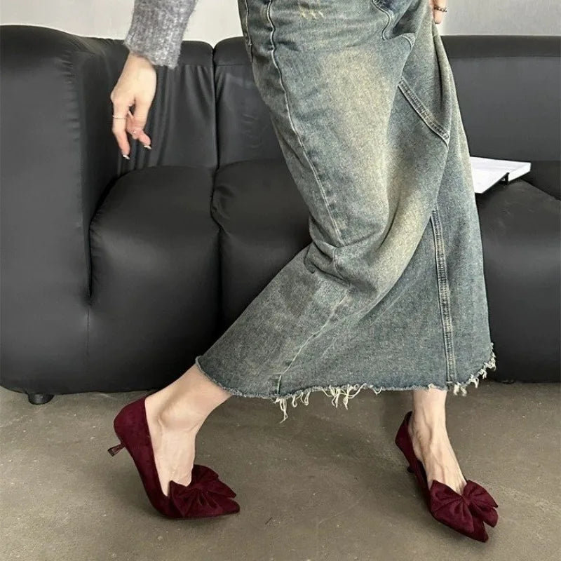 Autumn Elegant Butterfly Knot Stylish Pointed Toe  Stiletto Low Heel Pumps