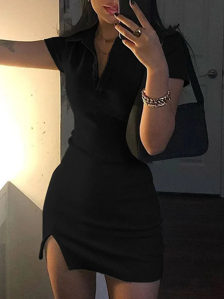 Sleeve Slit  Mini Streetwear Cute Solid Party Clothing Midi Dresses