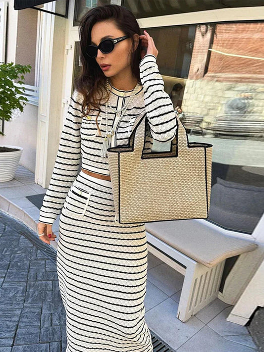 Striped Hollow Knitted High Waist Office Two Piece Set