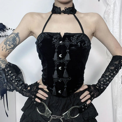 New Arrival Spicy Girl Gothic Style  Choker Neck Black Button Crop Top
