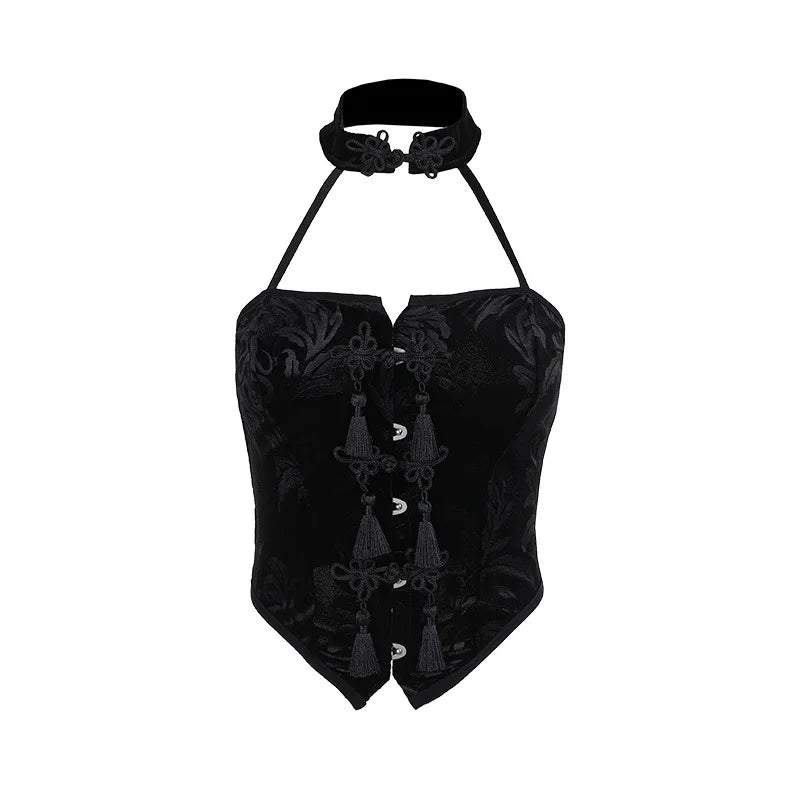 New Arrival Spicy Girl Gothic Style  Choker Neck Black Button Crop Top