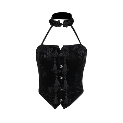 New Arrival Spicy Girl Gothic Style  Choker Neck Black Button Crop Top