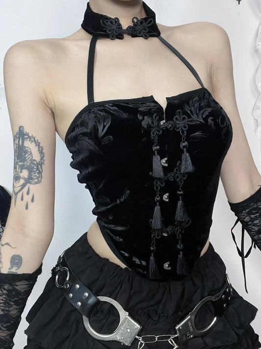 New Arrival Spicy Girl Gothic Style  Choker Neck Black Button Crop Top