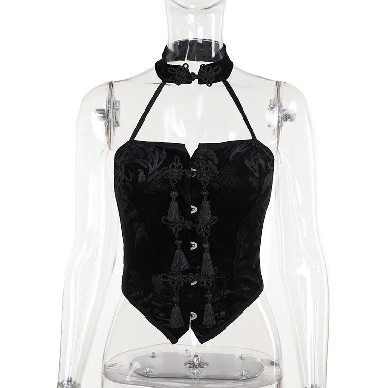 New Arrival Spicy Girl Gothic Style  Choker Neck Black Button Crop Top