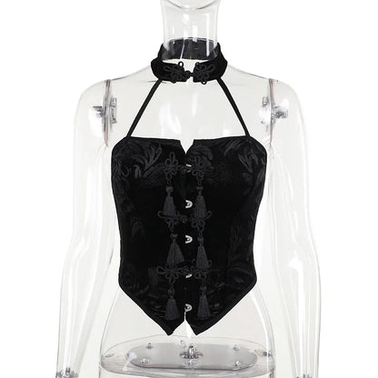 New Arrival Spicy Girl Gothic Style  Choker Neck Black Button Crop Top