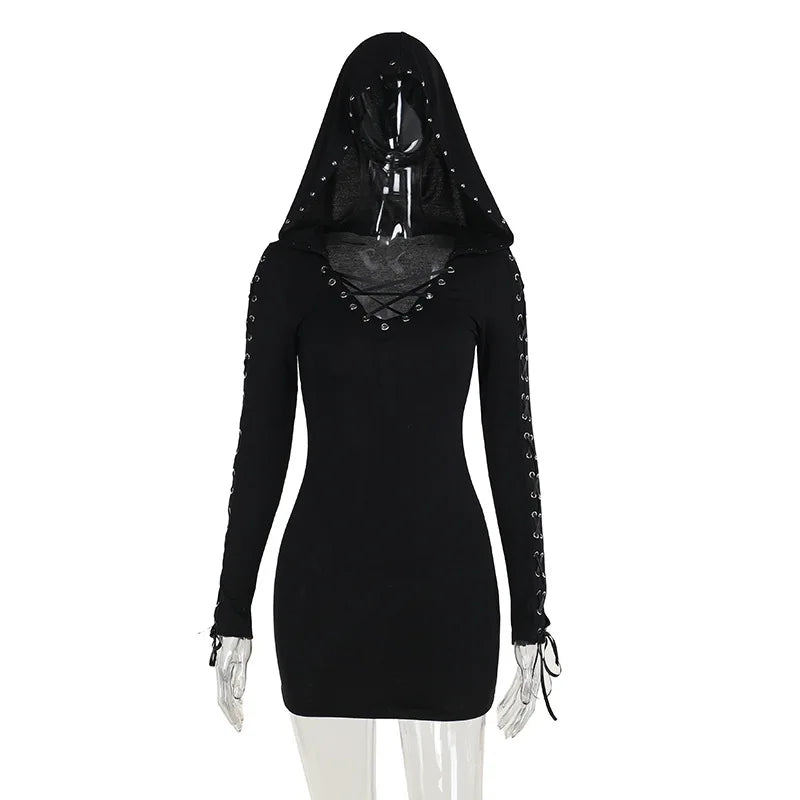 New Dark Retro Punk Street Hooded High Waist  Mini Gothic Vintage Pentagram Strap Long Sleeve Dress