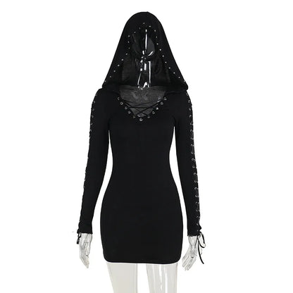New Dark Retro Punk Street Hooded High Waist  Mini Gothic Vintage Pentagram Strap Long Sleeve Dress
