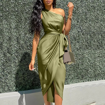 DressBetty - 2024  Green Asymmetrical One Shoulder Satin Ruched Midi Dress