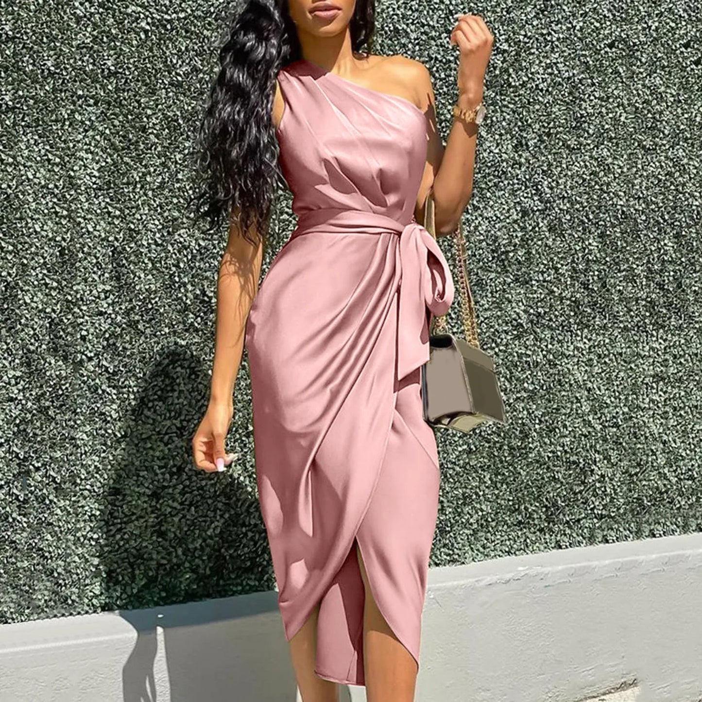 DressBetty - 2024  Green Asymmetrical One Shoulder Satin Ruched Midi Dress