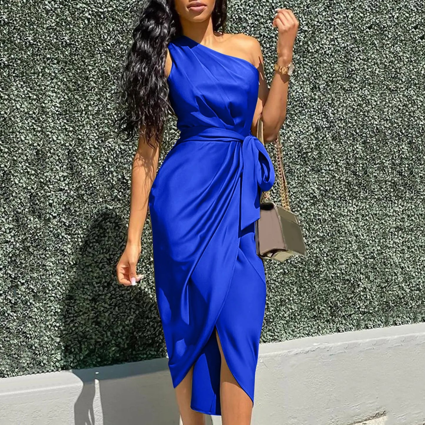 DressBetty - 2024  Green Asymmetrical One Shoulder Satin Ruched Midi Dress