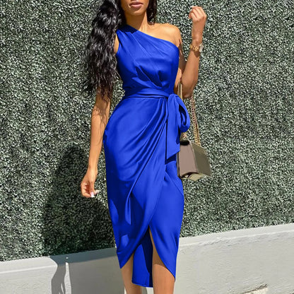 DressBetty - 2024  Green Asymmetrical One Shoulder Satin Ruched Midi Dress