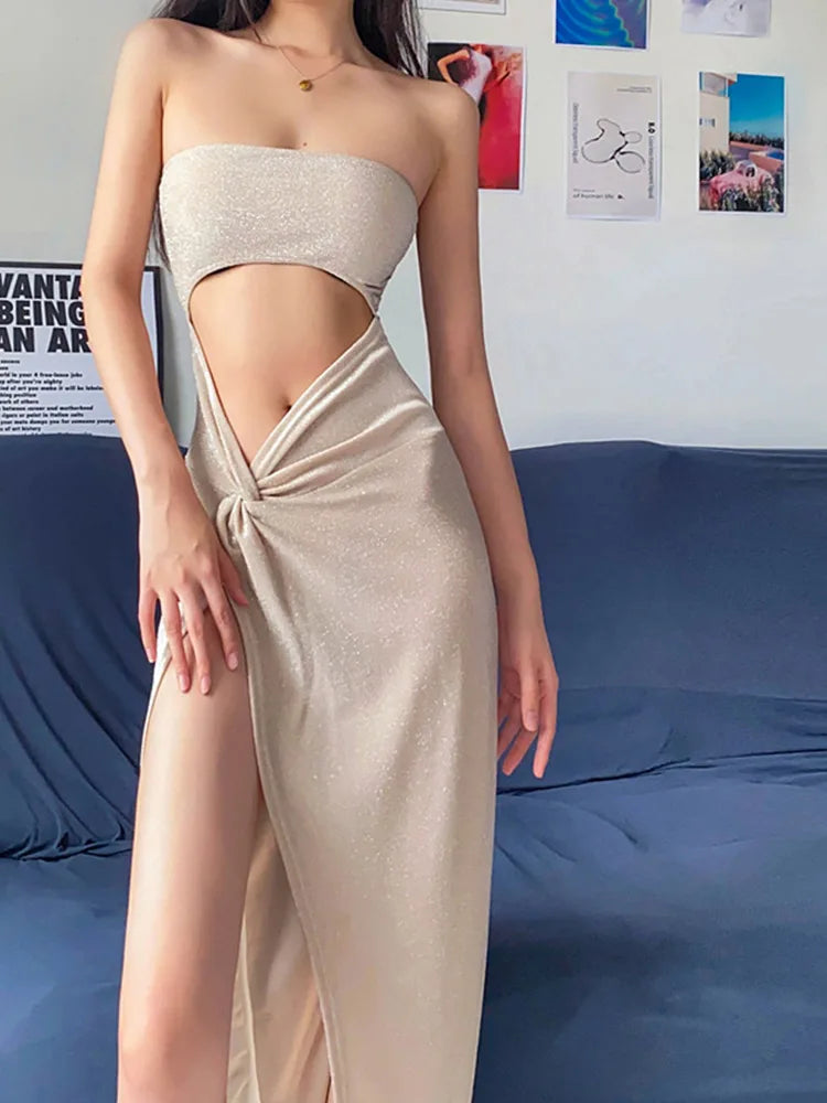 Summer  Sleeveless Slit Hollow Skinny Elegant Long Midi Dresses