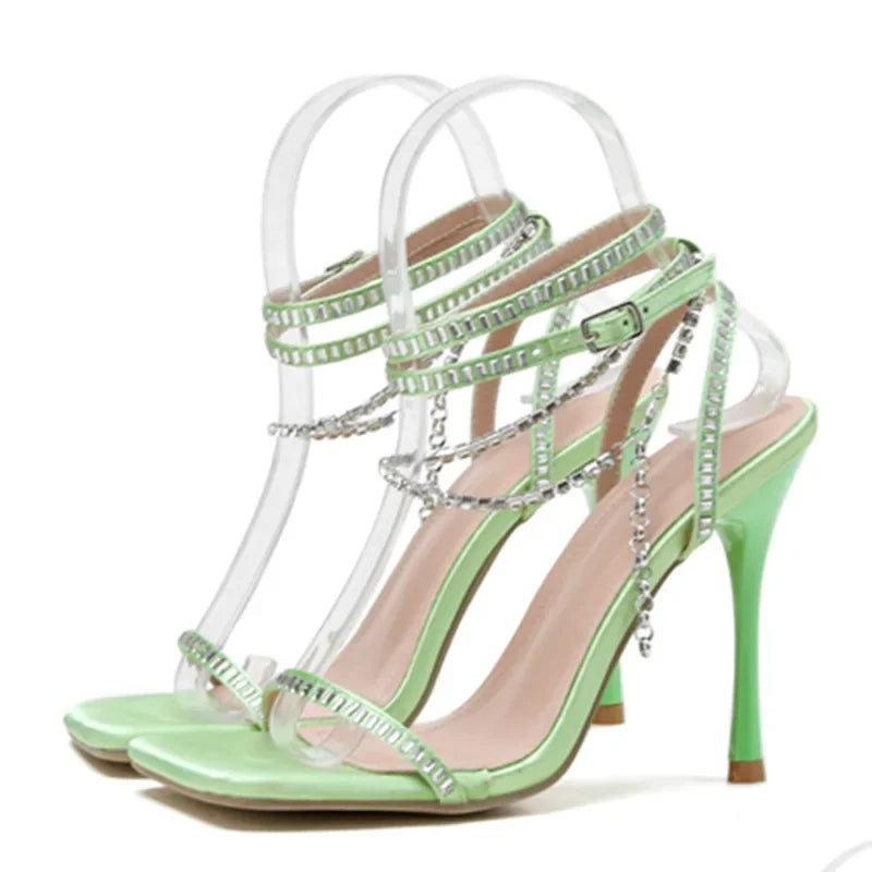 Sassy Summer High Heel  Square Toe Crystal Chain Ankle Buckle High Heel