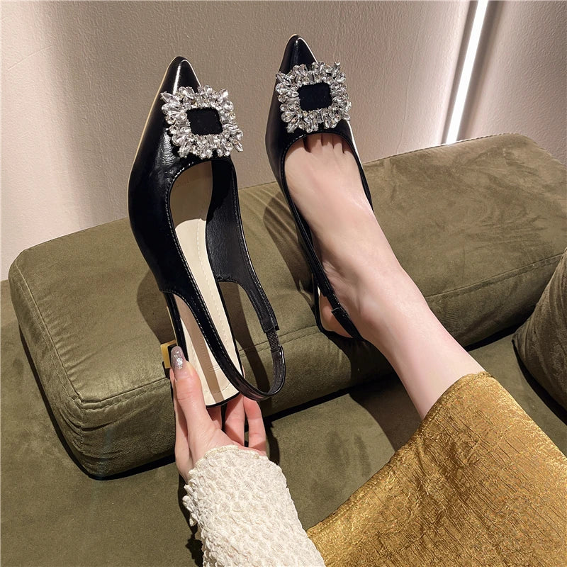 New Women's Pointed Toe Shal Nude Pink Diamond Back Strappy Dress Shoes Low Heel Pumps