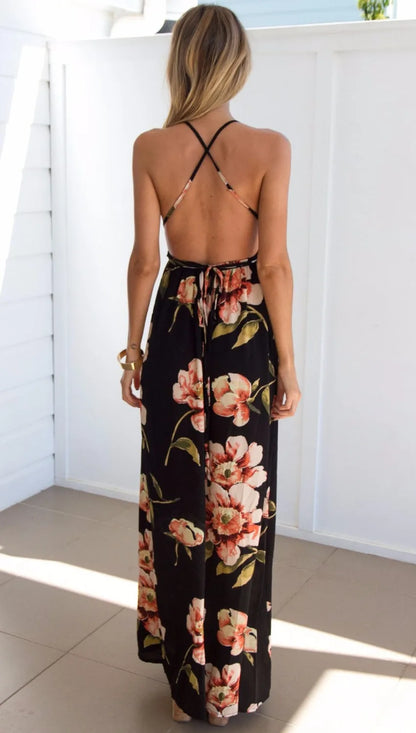Summer Floral  Pleated Backless Robe Evenning- Midi Dresses