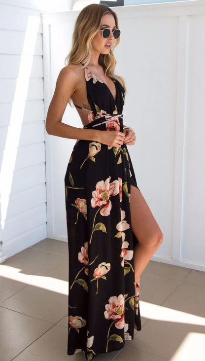 Summer Floral  Pleated Backless Robe Evenning- Midi Dresses